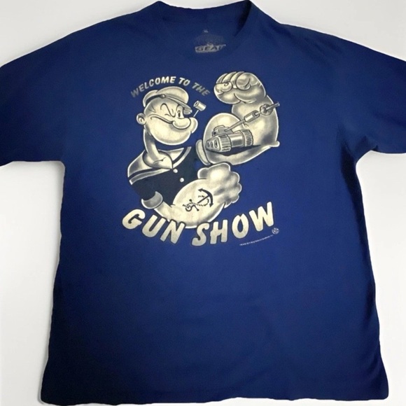 Popeye Gun Show Mens T Shirt Blue Size XL Lightweight Large Graphic Bold Design - Picture 1 of 7